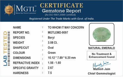 Emerald - 3.08 Carats (Panna - 3.36 Ratti)