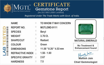 Emerald - 3.76 Carats (Panna - 4.10 Ratti)