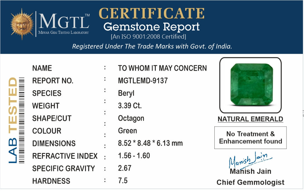 Emerald - 3.39 Carats (Panna - 3.70 Ratti)