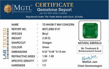 Emerald - 3.39 Carats (Panna - 3.70 Ratti)