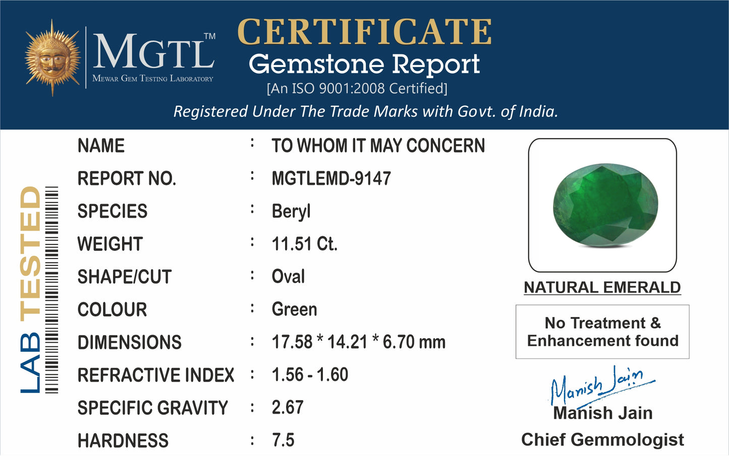 Emerald - 11.51 Carats (Panna - 12.55 Ratti)
