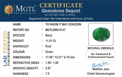 Emerald - 11.51 Carats (Panna - 12.55 Ratti)