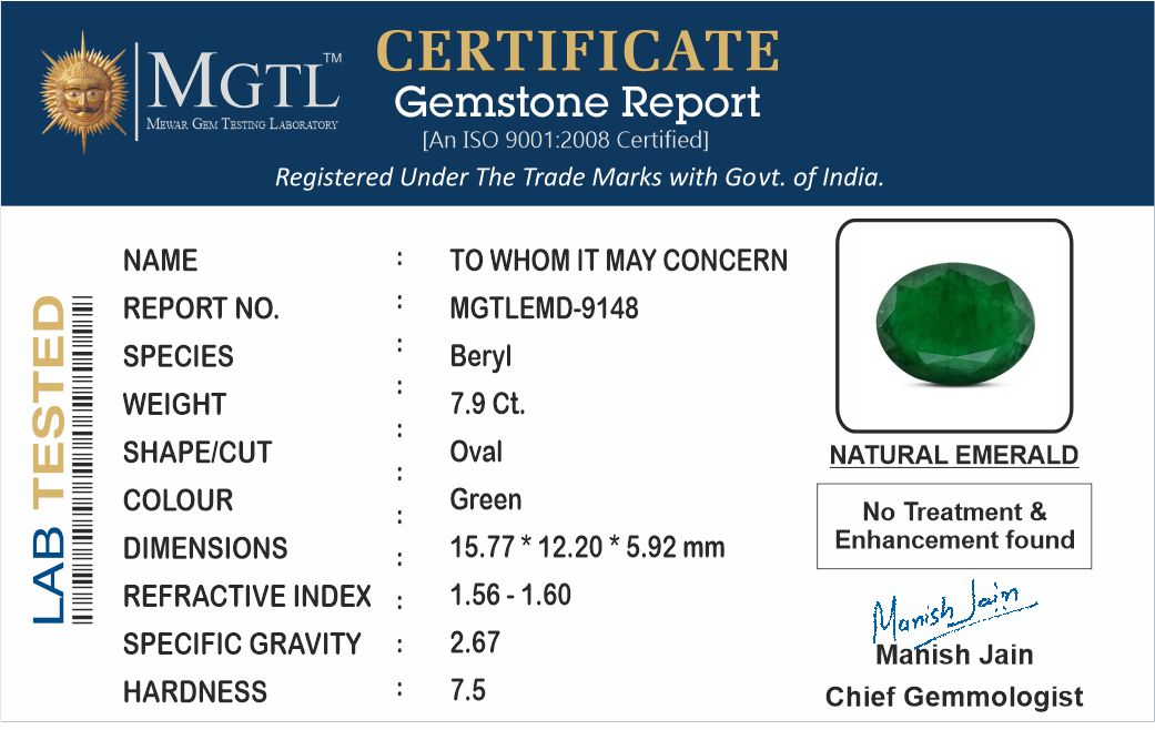 Emerald - 7.90 Carats (Panna - 8.61 Ratti)