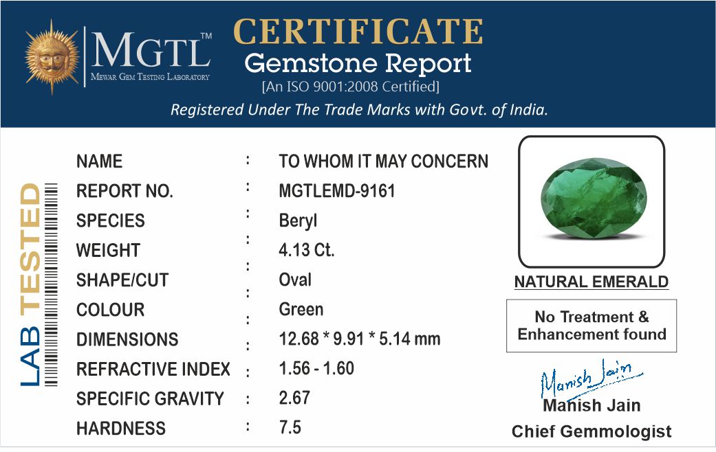 Emerald - 4.13 Carats (Panna - 4.50 Ratti)