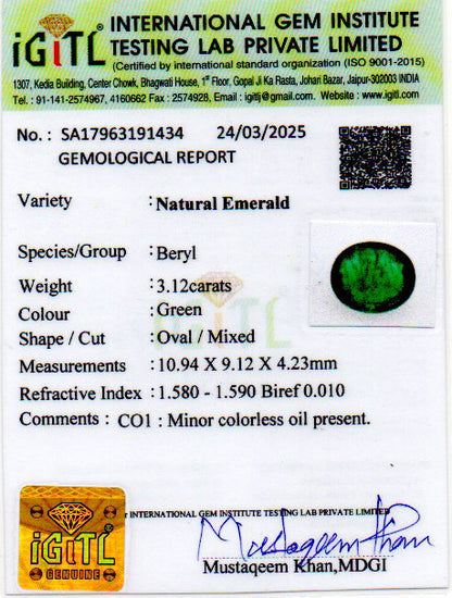 Emerald - 3.12 Carats (Panna - 3.40 Ratti)