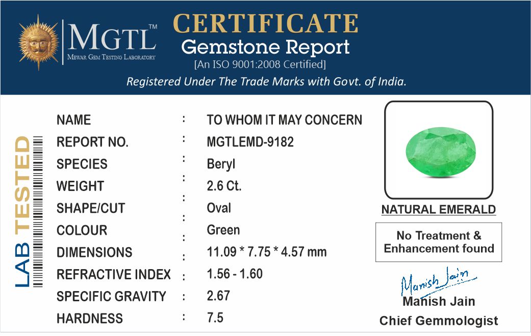 Emerald - 2.60 Carats (Panna - 2.83 Ratti)