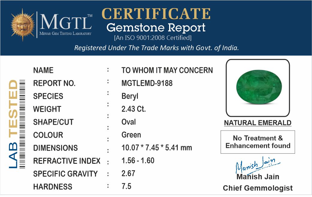 Emerald - 2.43 Carats (Panna - 2.65 Ratti)