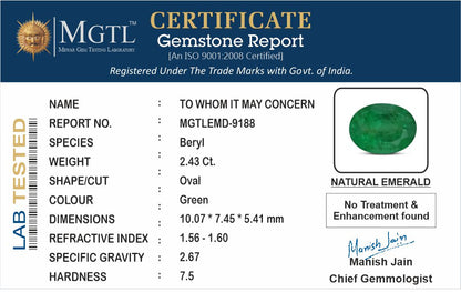 Emerald - 2.43 Carats (Panna - 2.65 Ratti)