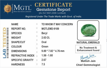 Emerald - 2.63 Carats (Panna - 2.87 Ratti)