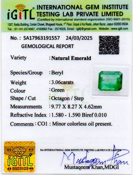 Emerald - 3.06 Carats (Panna - 3.34 Ratti)