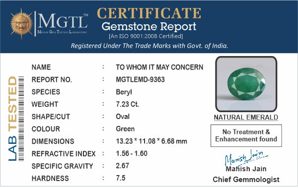 Emerald - 7.23 Carats (Panna - 7.88 Ratti)