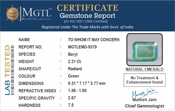 Emerald - 2.21 Carats (Panna - 2.41 Ratti)