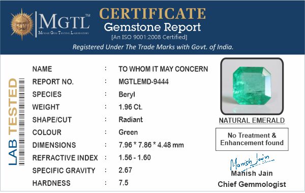 Emerald - 1.96 Carats (Panna - 2.14 Ratti)