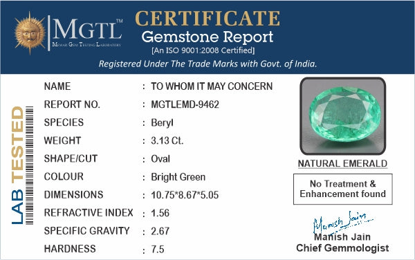 Emerald - 3.13 Carats (Panna - 3.41 Ratti)