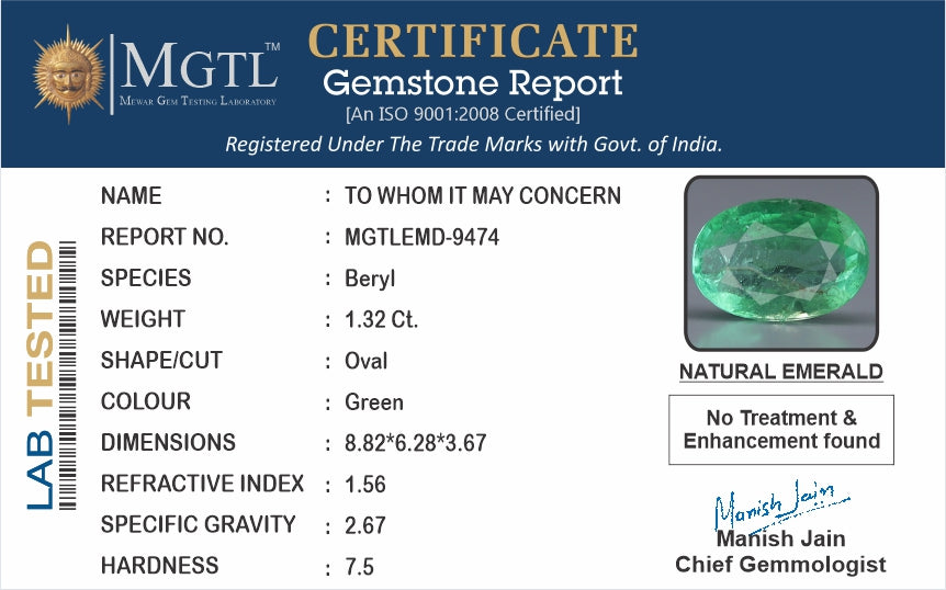 Emerald - 1.32 Carats (Panna - 1.44 Ratti)