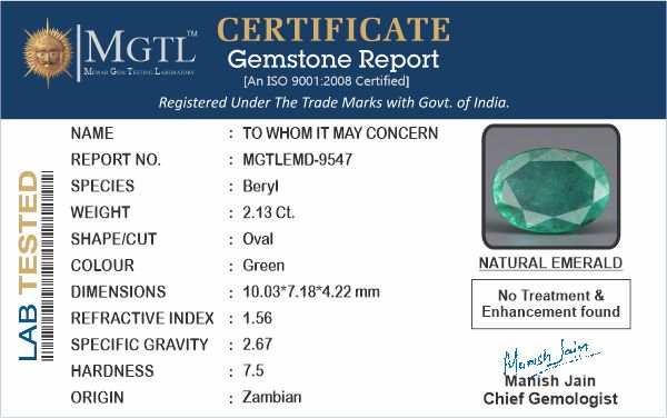 Emerald - 2.13 Carats (Panna - 2.32 Ratti)