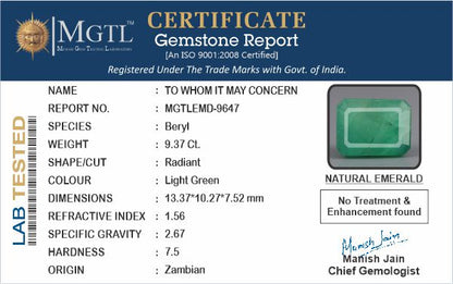 Emerald - 9.37 Carats (Panna - 10.21 Ratti)