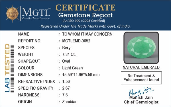 Emerald - 7.31 Carats (Panna - 7.97 Ratti)