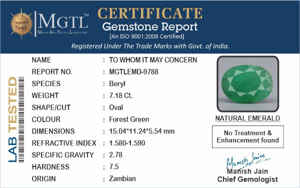 Emerald - 7.18 Carats (Panna - 7.83 Ratti)