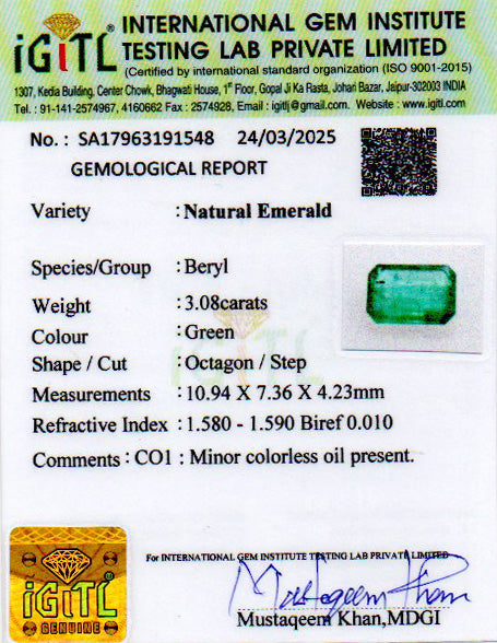 Emerald - 3.08 Carats (Panna - 3.36 Ratti)