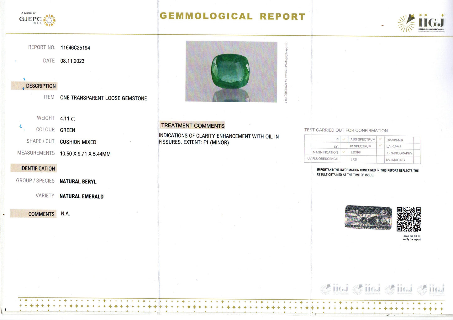 Emerald - 4.11 Carats (Panna - 4.48 Ratti)