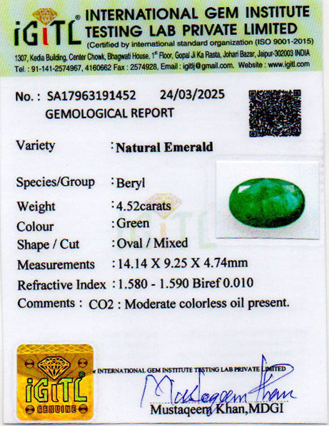 Emerald - 4.52 Carats (Panna - 4.93 Ratti)