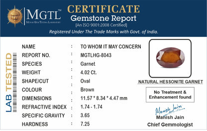 Hessonite - 4.02 Carats (Gomed - 4.38 Ratti)