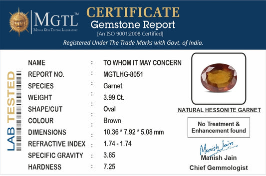 Hessonite - 3.99 Carats (Gomed - 4.35 Ratti)