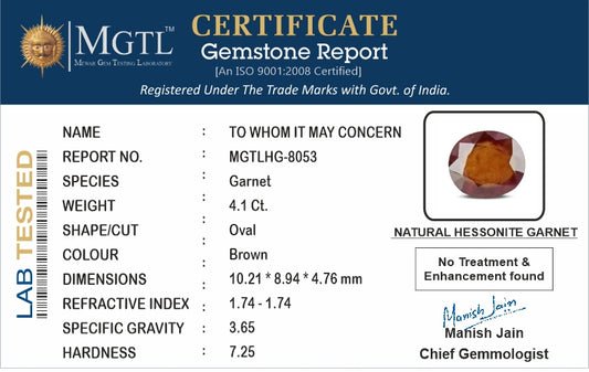 Hessonite - 4.10 Carats (Gomed - 4.47 Ratti)