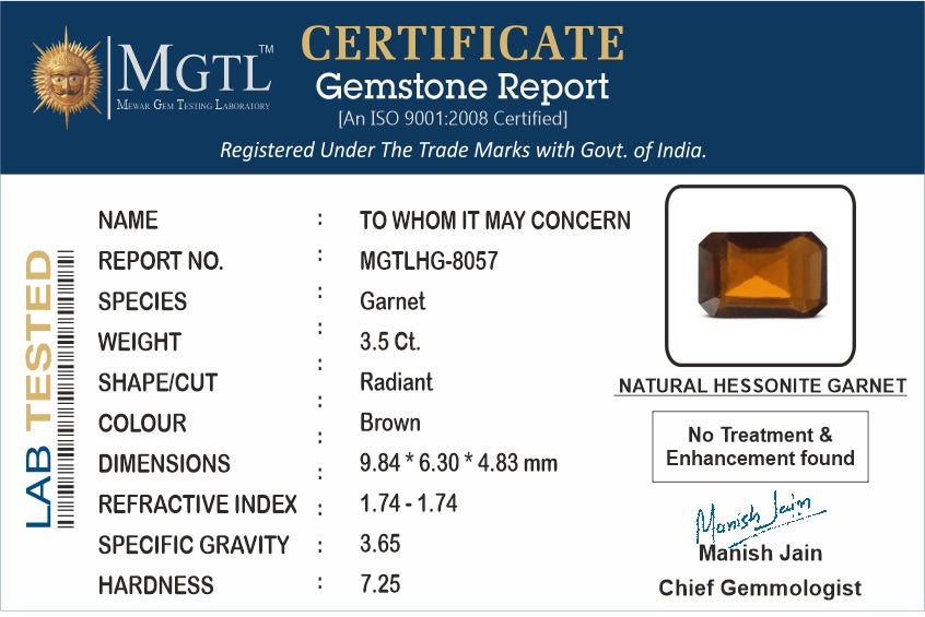 Hessonite - 3.50 Carats (Gomed - 3.82 Ratti)