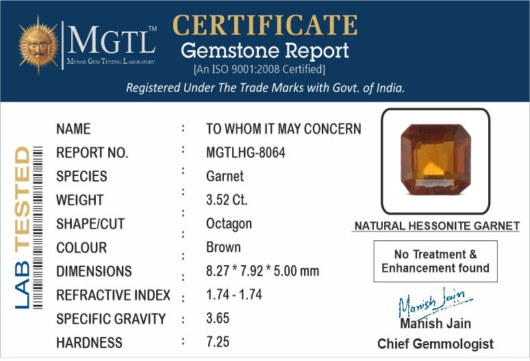 Hessonite - 3.52 Carats (Gomed - 3.84 Ratti)