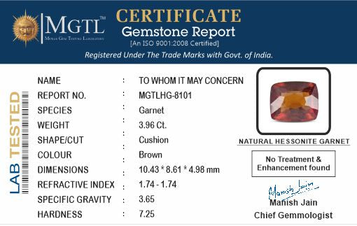 Hessonite - 3.96 Carats (Gomed - 4.32 Ratti)
