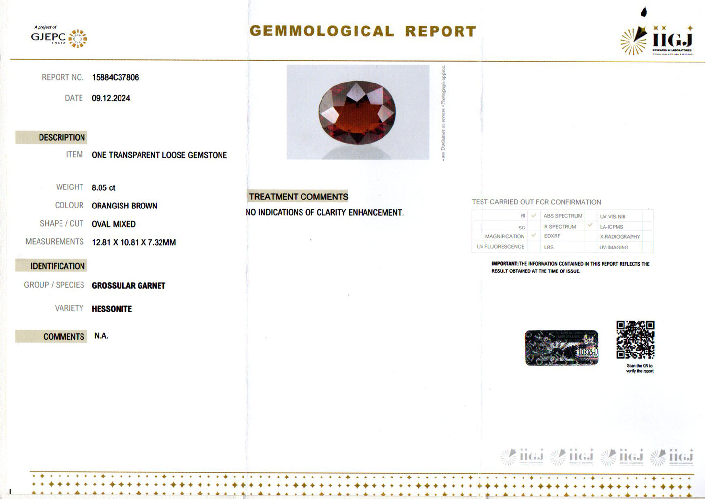 Hessonite - 8.05 Carats (Gomed - 8.77 Ratti)