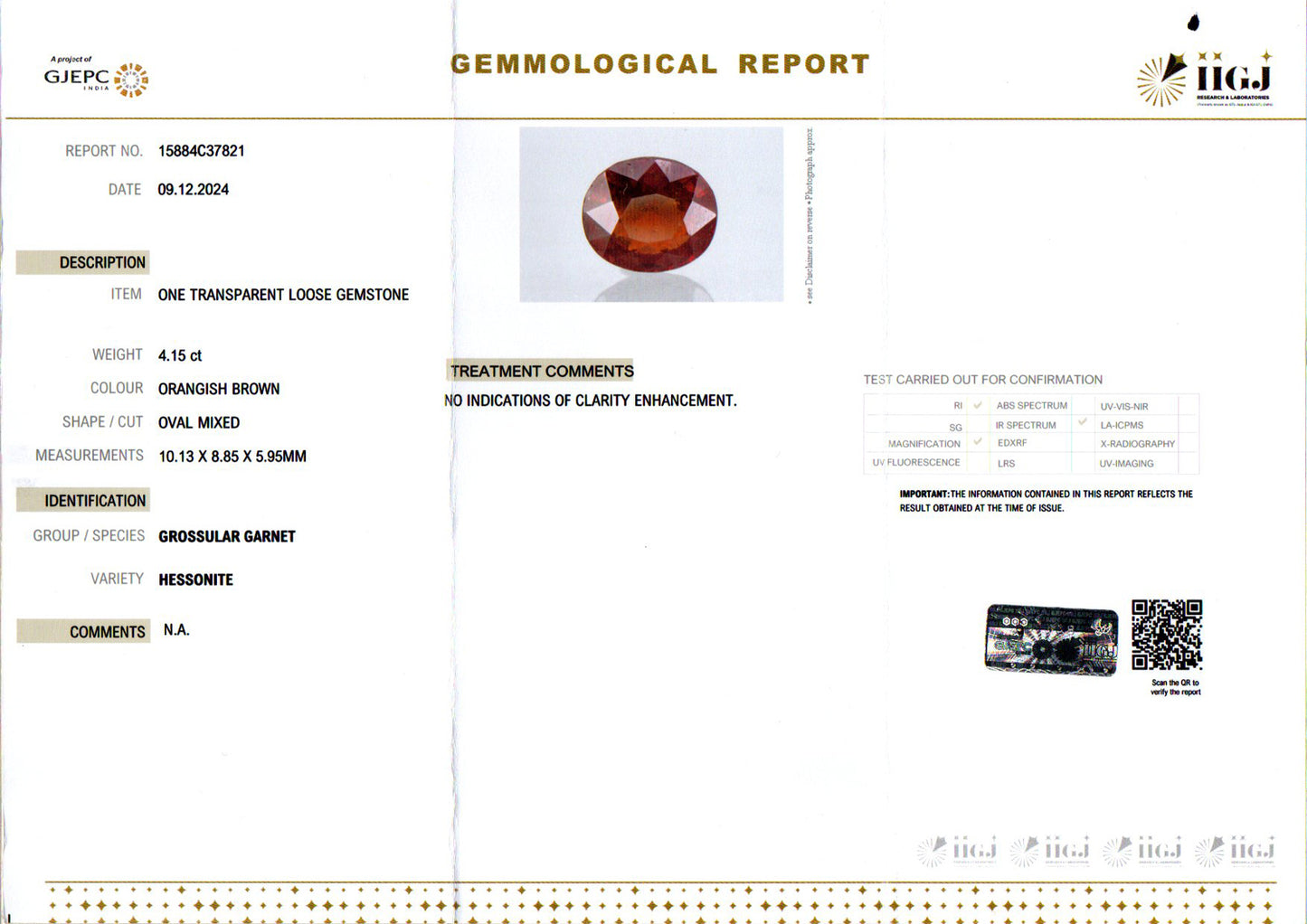 Hessonite - 4.15 Carats (Gomed - 4.52 Ratti)