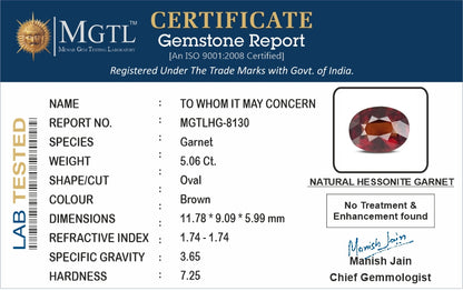 Hessonite - 5.06 Carats (Gomed - 5.52 Ratti)
