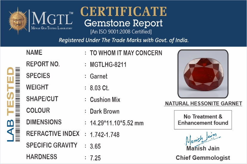 Hessonite - 8.03 Carats (Gomed - 8.75 Ratti)