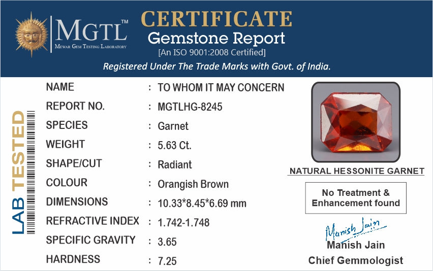 Hessonite - 5.63 Carats (Gomed - 6.14 Ratti)