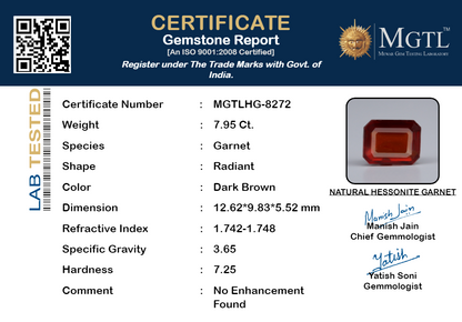 Hessonite - 7.95 Carats (Rahu Stone - 8.67 Ratti)