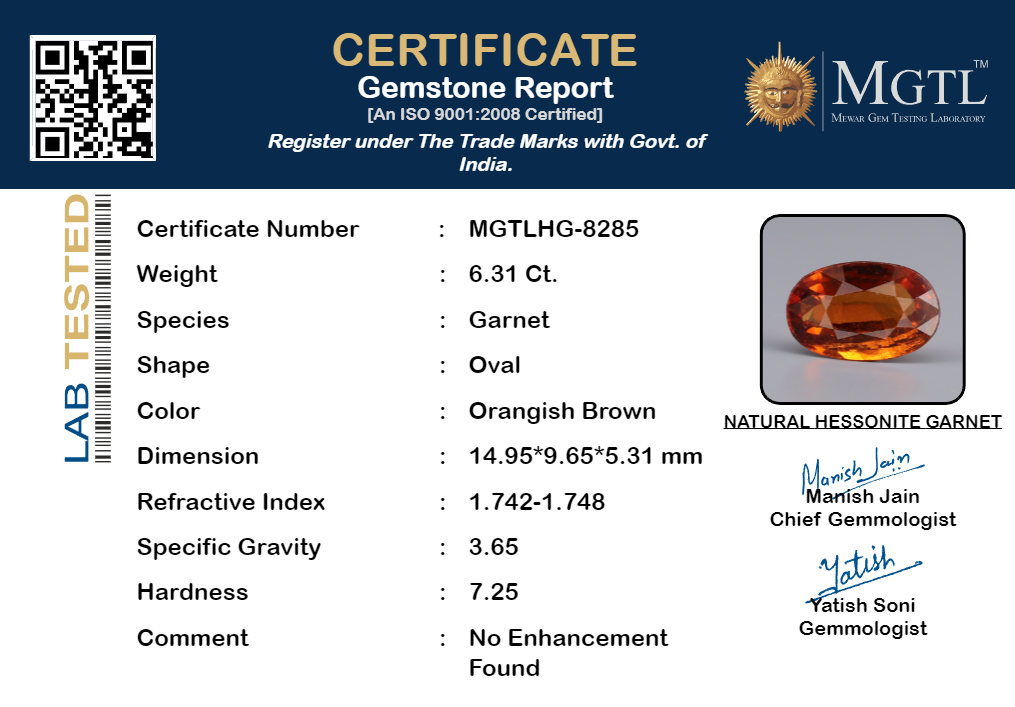 Hessonite - 6.31 Carats (Gomed - 6.88 Ratti)