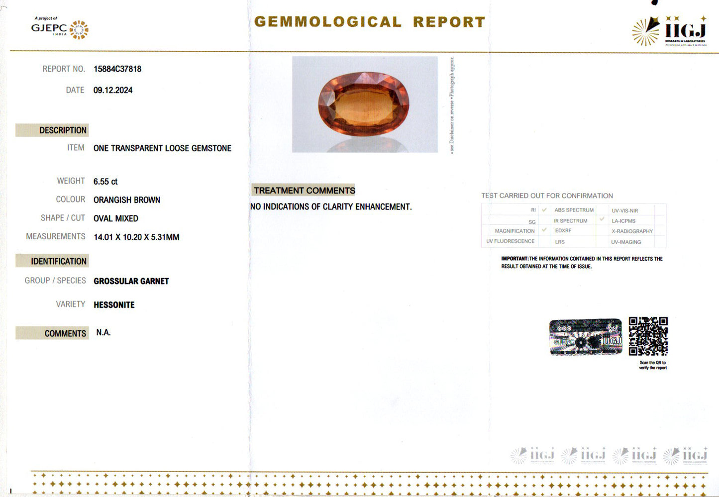 Hessonite - 6.55 Carats (Gomed - 7.14 Ratti)