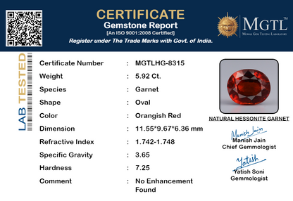 Hessonite - 5.92 Carats (Gomed - 6.45 Ratti)