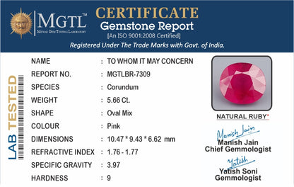 Ruby - 5.66 Carats (Manik - 6.25 Ratti)