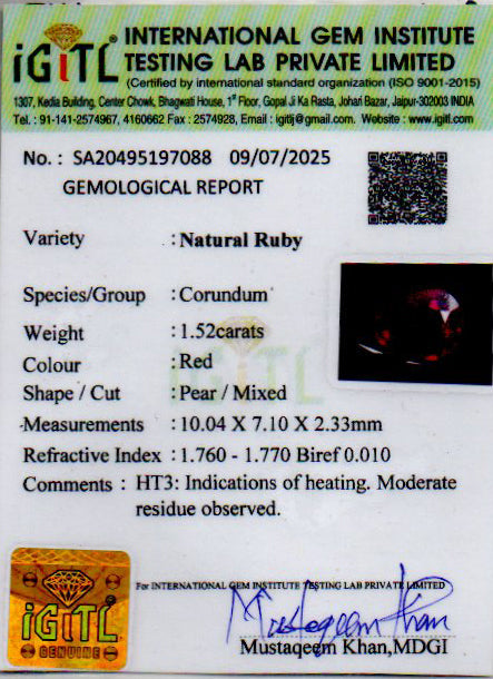 Ruby (Manik) Gemstone - 1.52 Carats
