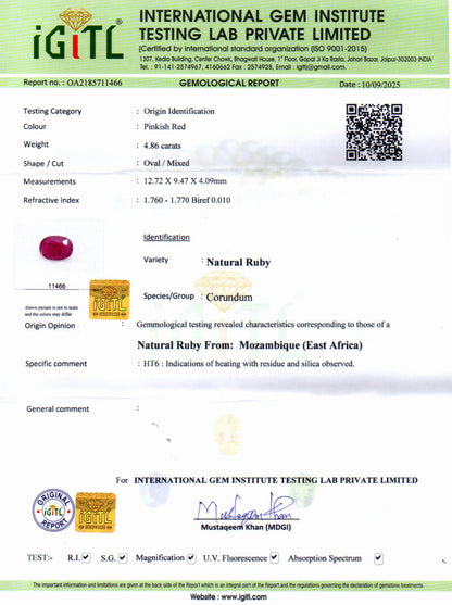 Ruby (Manik) Gemstone - 4.86 Carats