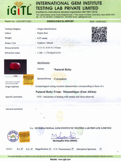 Ruby (Manik) Gemstone - 6.97 Carats