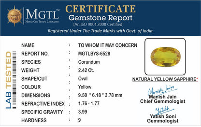 Yellow Sapphire (Pukhraj) Gemstone - 2.42 Carats