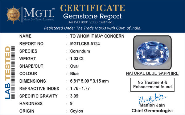 Blue Sapphire (Neelam) Gemstone - 1.03 Carats