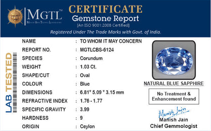 Blue Sapphire (Neelam) Gemstone - 1.03 Carats