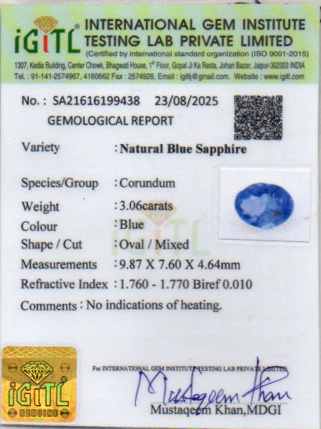 Blue Sapphire (Neelam) Gemstone - 3.06 Carats