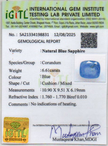 Blue Sapphire (Neelam) Gemstone - 6.61 Carats